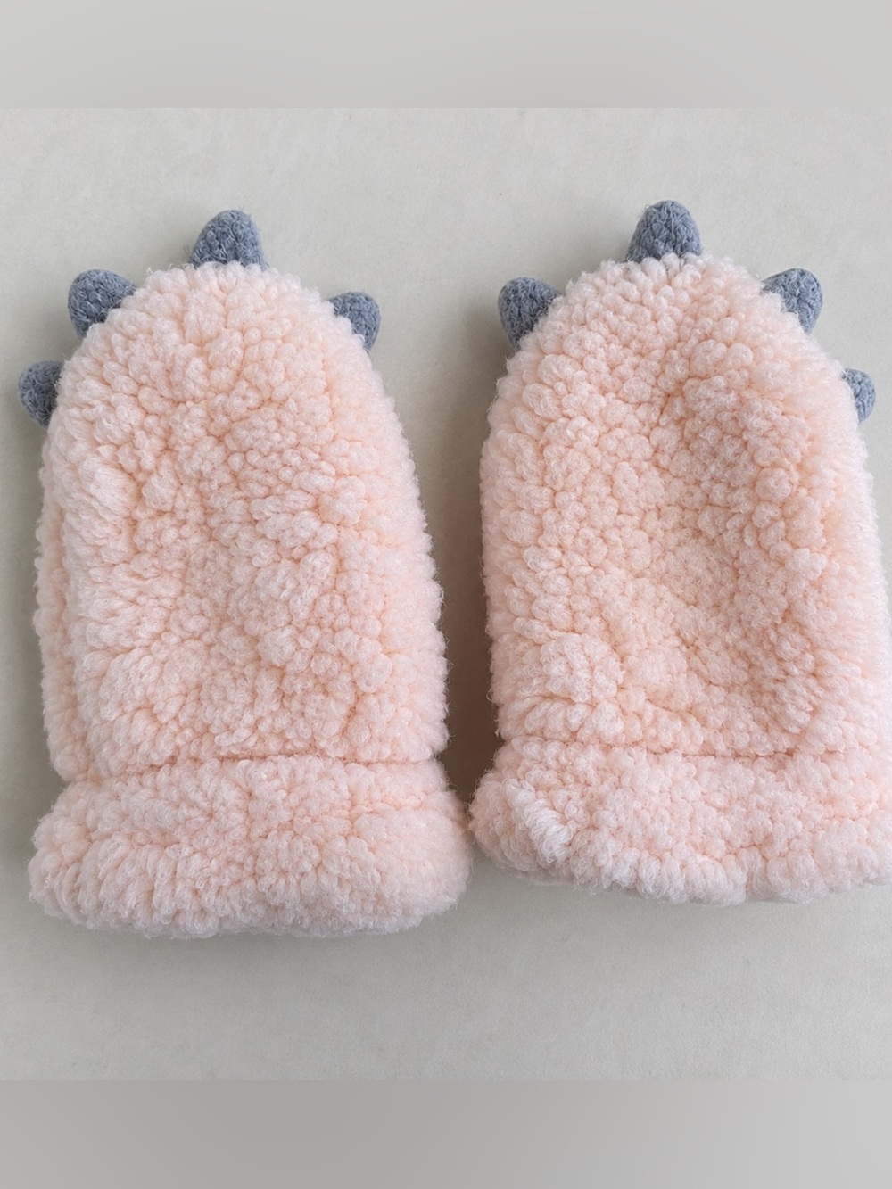 Baby Girl Pink Sherpa Dinosaur Mittens Gloves Gray Spikes Size XS 0-3M